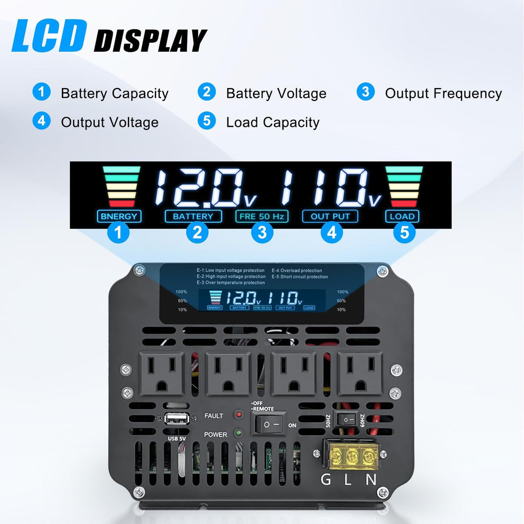 5000 Watt Power Inverter 12V to 110V 120V for Vehicle, Solar Inverter System, Heavy Duty, RV, Truck, Off Grid,Camping with 4 AC Outlets, LCD Display, Wireless Remote Control, Car Power Inverter