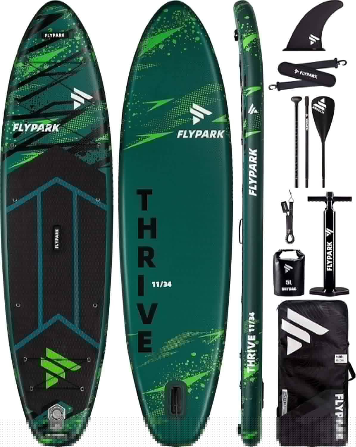 11-inch x 34-inch inflatable paddleboard, ultra-wide SUP equipment, capable of carrying 420 pounds / 3 adults, yoga standing paddleboard, 110-liter backpack, 15 D-rings, shoulder straps, dual-action inflatable pump