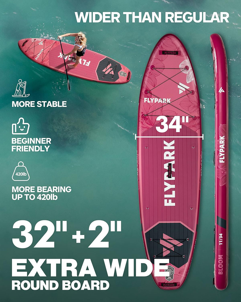 11-inch x 34-inch inflatable paddleboard, ultra-wide SUP equipment, capable of carrying 420 pounds / 3 adults, yoga standing paddleboard, 110-liter backpack, 15 D-rings, shoulder straps, dual-action inflatable pump