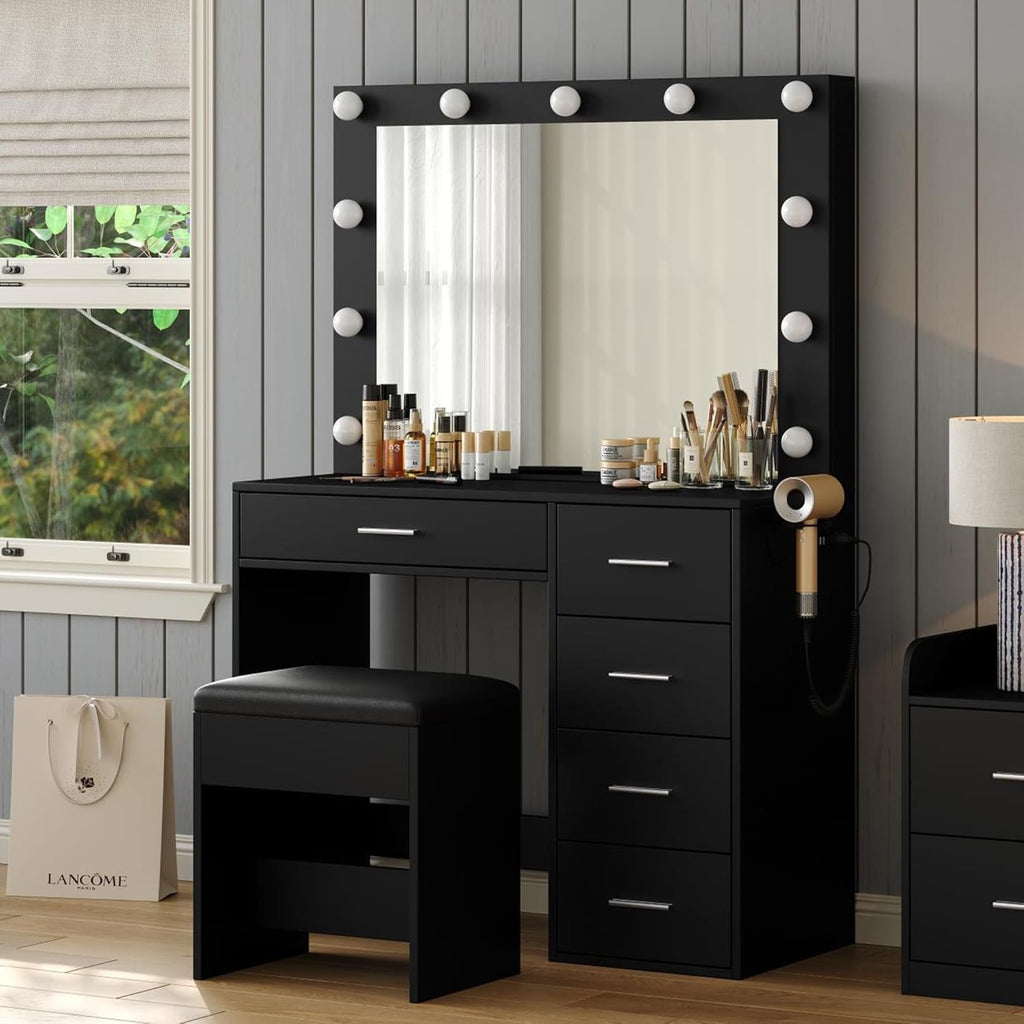 Desk with Power Outlet, 37''W Make Up Vanity with Lighting Mirror, 3 Lighting Modes Adjustable, 5 Drawers Dressing Table for Bedroom, Dressing Room, Live Broadcast Room, Black