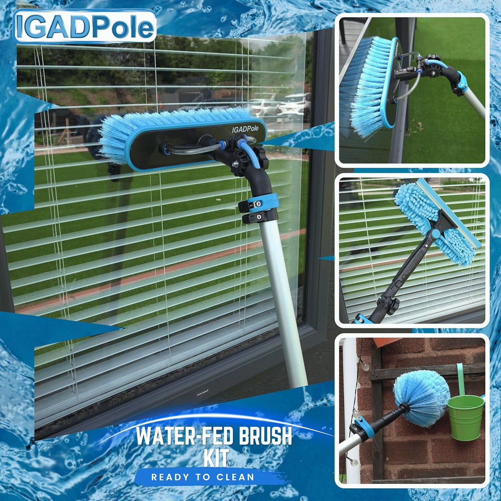 24-foot pole-type cleaning kit: water-driven brush, spider web cleaner, 10-inch scraper and soap box, with 5 to 24 feet (7 meters) of extendable pole.