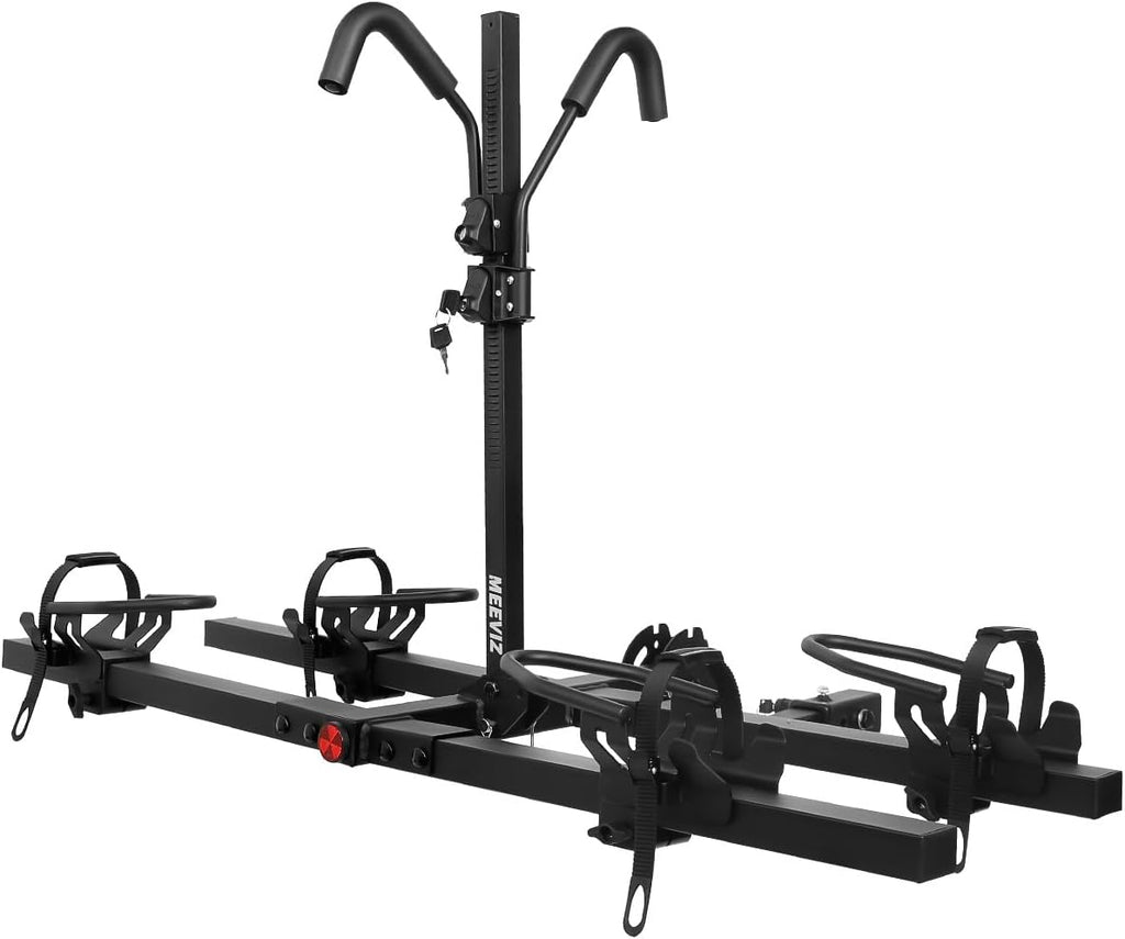 Electric bicycle frame with locking hook, suitable for dual bicycle mounts for cars, trucks, SUVs, campers, and trailers. It is suitable for heavy-duty tires, mountain bikes, electric bicycles, EMTB and standard bicycles. The load-bearing capacity re
