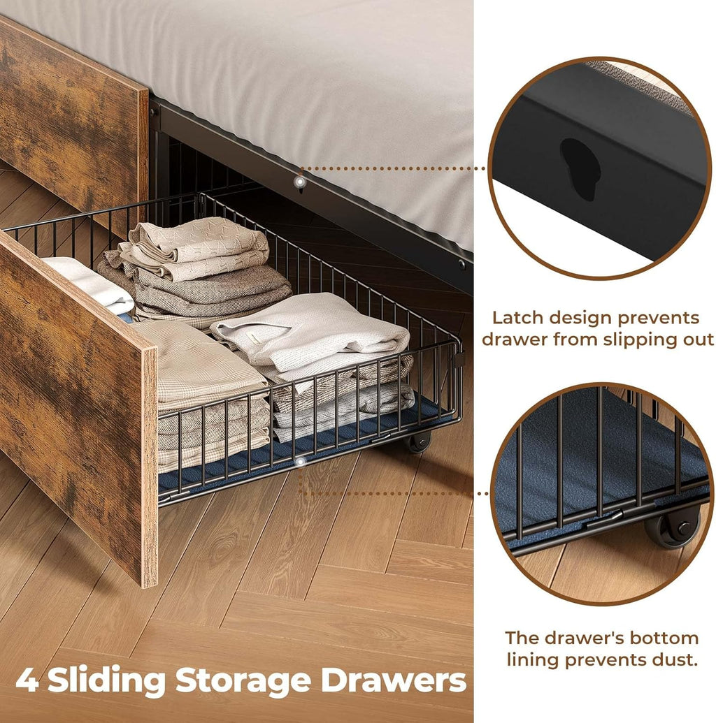 Queen-sized bed frame with storage headboard, metal platform bed with charging device, LED bed frame with 4 drawers, bookcase-style storage cabinet, no spring bed, easy to assemble, noise-free, black