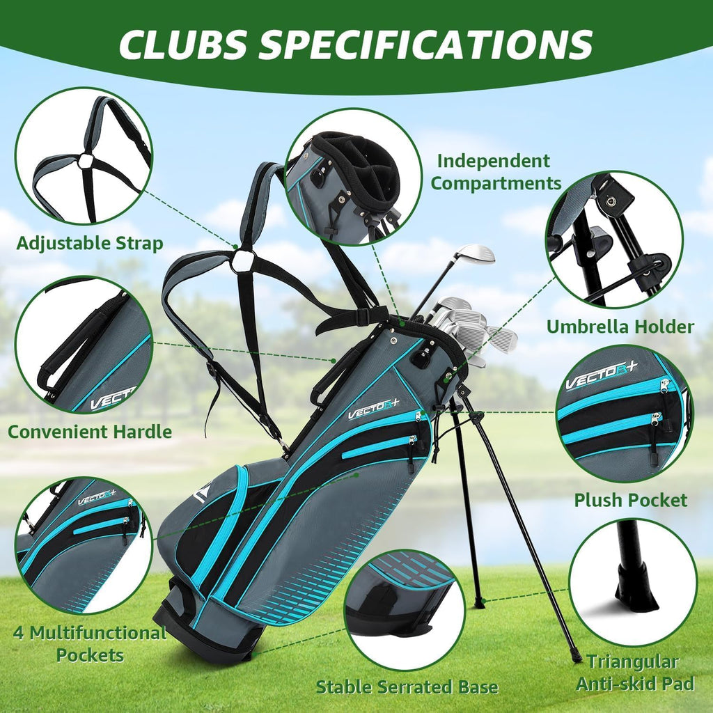 8 sets of complete men's golf clubs (left and right hand versions) suitable for men/women. Includes a stand bag and a bag with a rain cover.