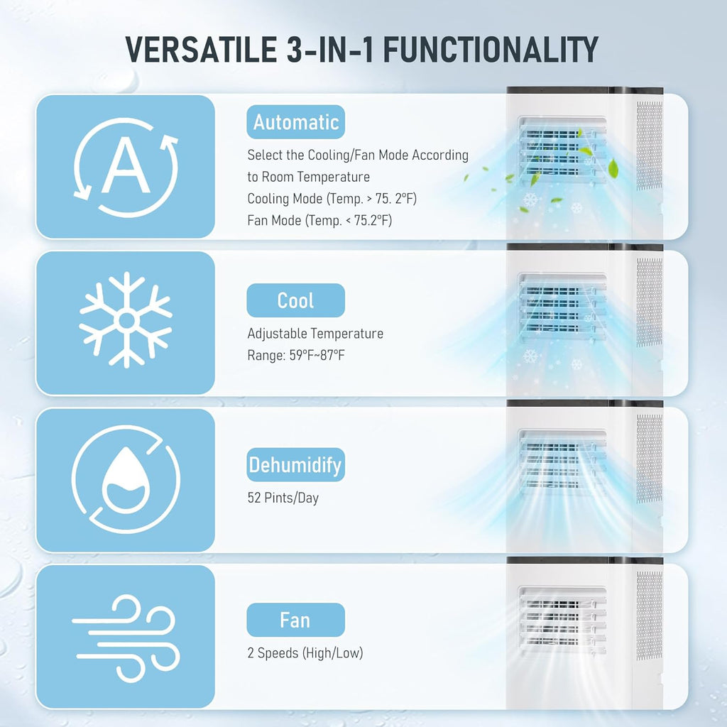Portable Air Conditioner, 10000 BTU 3-in-1 Cooling, Dehumidifier, Fan with Remote Control, 24H Timer, LED Display, Sleep Function, Child Lock for Home, Office, Bedroom (Window Kit Included)