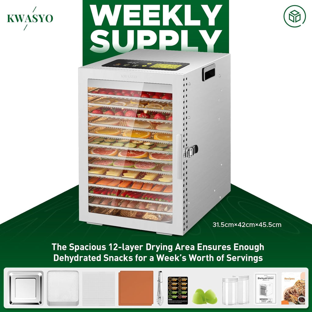 Food Dehydrator Machine, 12 Trays ALL Stainless Steel, Dual fan 360° Efficient Drying, 24H Adjustable Timer & 30℃ to 90℃ Temperature Control, Overheat Protection, 800W