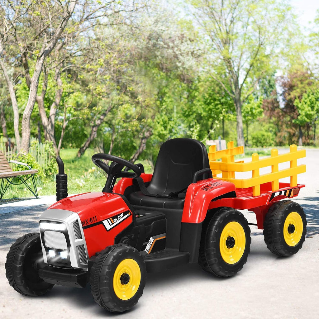 Ride on Tractor w/Detachable Trailer, 12V Kids' Electric Vehicles w/ 3-Gear-Shift Ground Loader, Wireless Design & USB, 7 LED Headlights, Remote Control Tractor Toys for Kids 3+ (Dark Green)