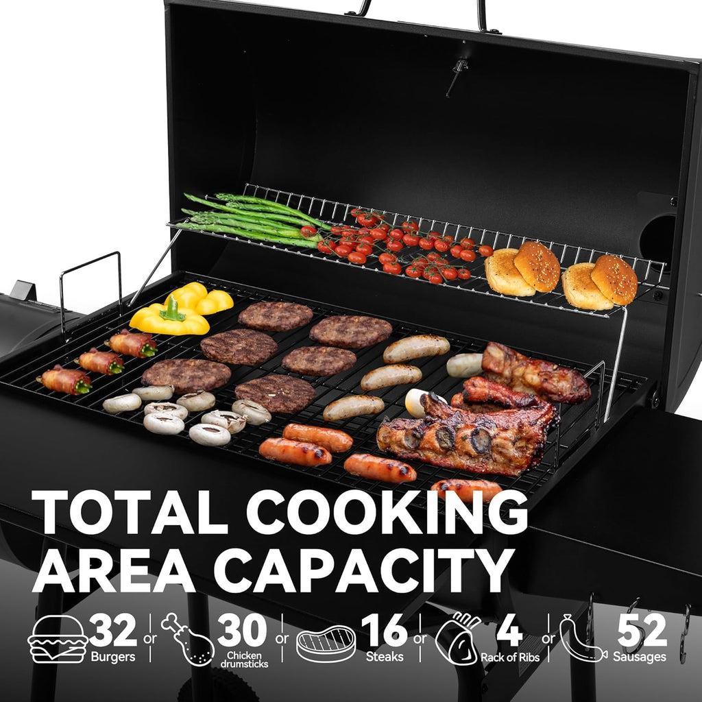 BBQ Charcoal Grill and Offset Smoker, 30'' L, 800 Square Inch, Outdoor for Camping, Black