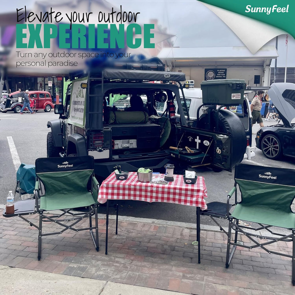 The camping supervisor uses portable folding chairs with side tables and storage bags. These are sturdy and durable, suitable for adults for outdoor use. Each set consists of two (black color)