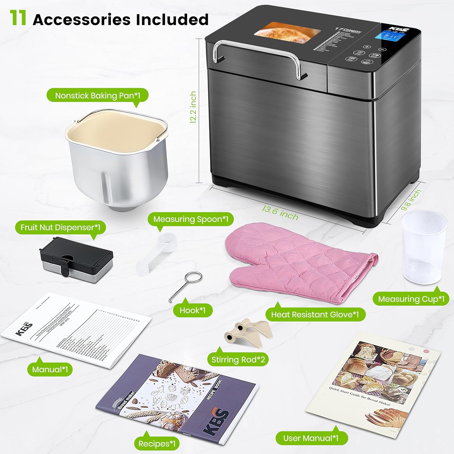 A 17-function integrated bread machine - dual heaters, 710 watts, stainless steel material - gluten-free, dough maker, jam, yogurt, program control, automatic nutrition dispenser, ceramic baking tray and touch panel, 3 types of bread sizes, 3 types o