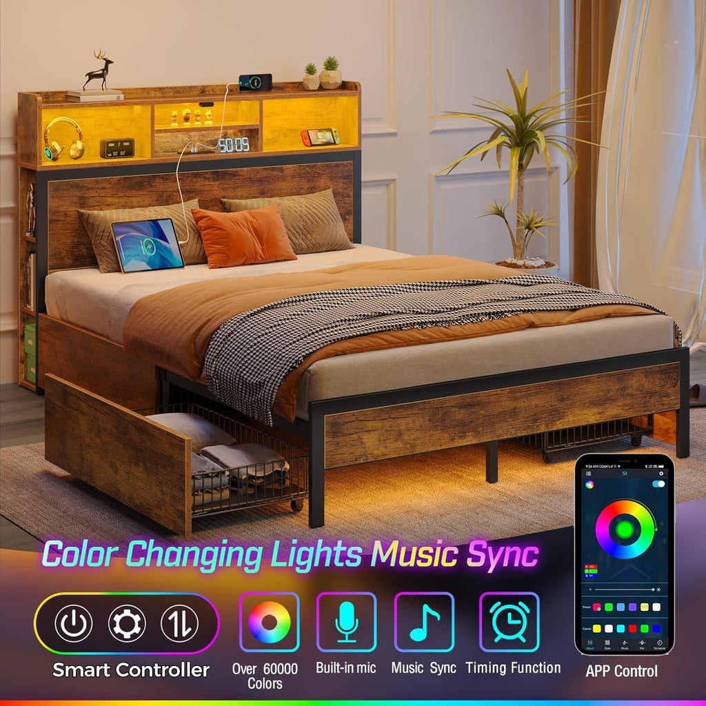 Queen-sized bed frame with storage headboard, metal platform bed with charging device, LED bed frame with 4 drawers, bookcase-style storage cabinet, no spring bed, easy to assemble, noise-free, black
