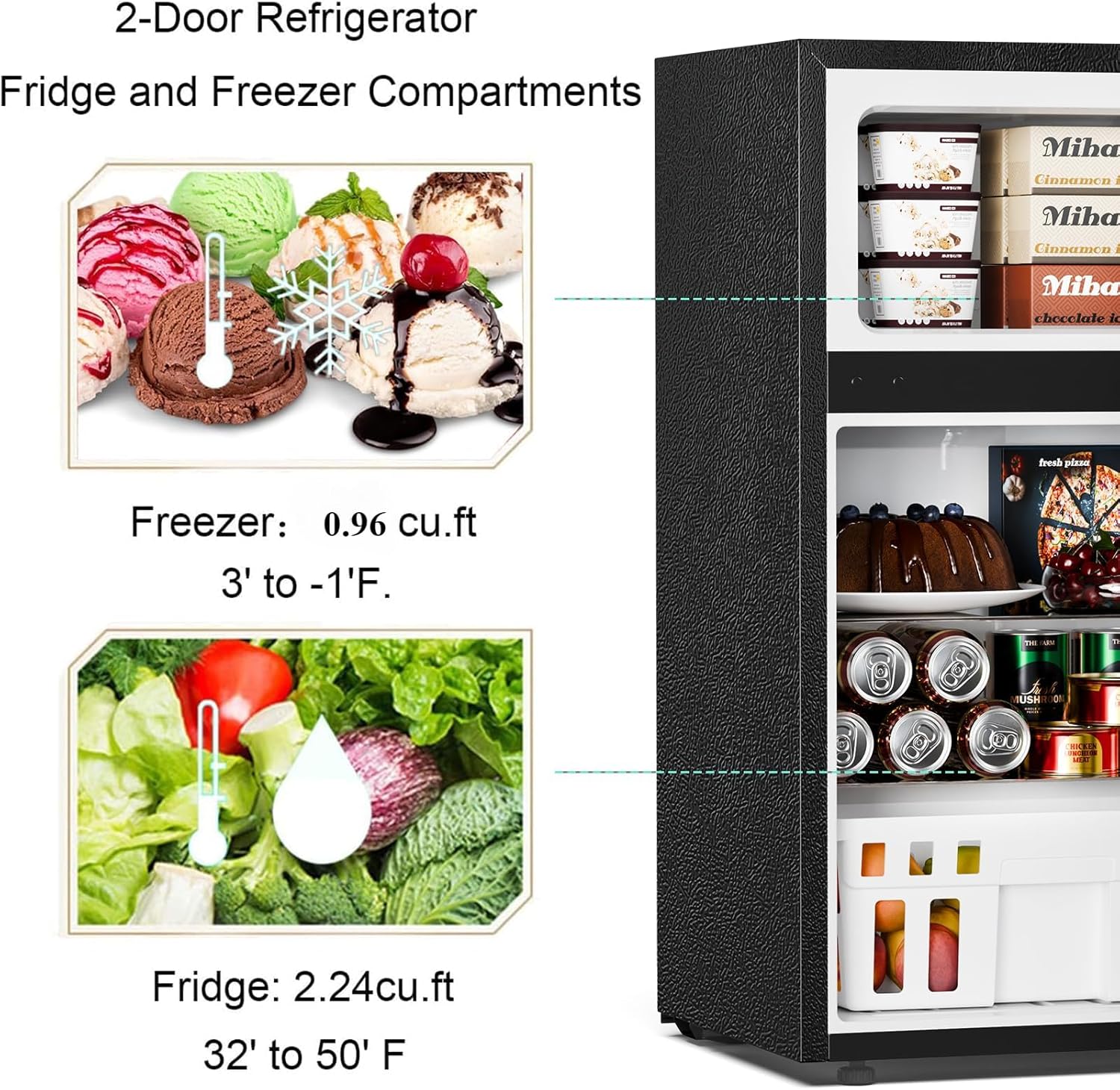 Antarctic Star Compact Mini Refrigerator Separate Freezer, Small Fridge Double 2-Door Adjustable Removable Retro Stainless Steel Shelves Living room/Kitchen/Dorm/Office 3.2 cu ft.Green