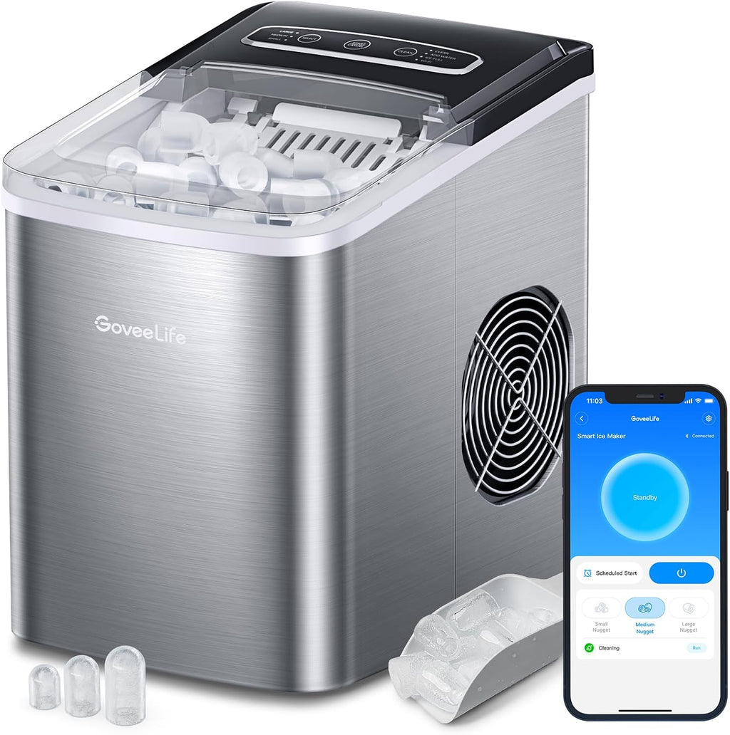 Desktop ice machine, an ice machine that can produce 26 pounds of ice per 24 hours, 6 minutes and 9 seconds, with an automatic cleaning function and controllable via an app, intelligent desktop ice machine, capable of providing two sizes of ice in th