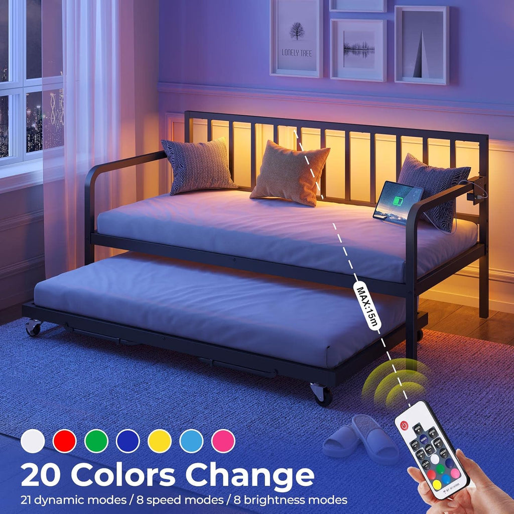 Lounge chair with charging device and LED light, height-adjustable double-person lounge chair with footrests, metal single-person sofa bed frame with steel crossbars, equipped with steel crossbars, suitable for living room, bedroom and guest room, bl