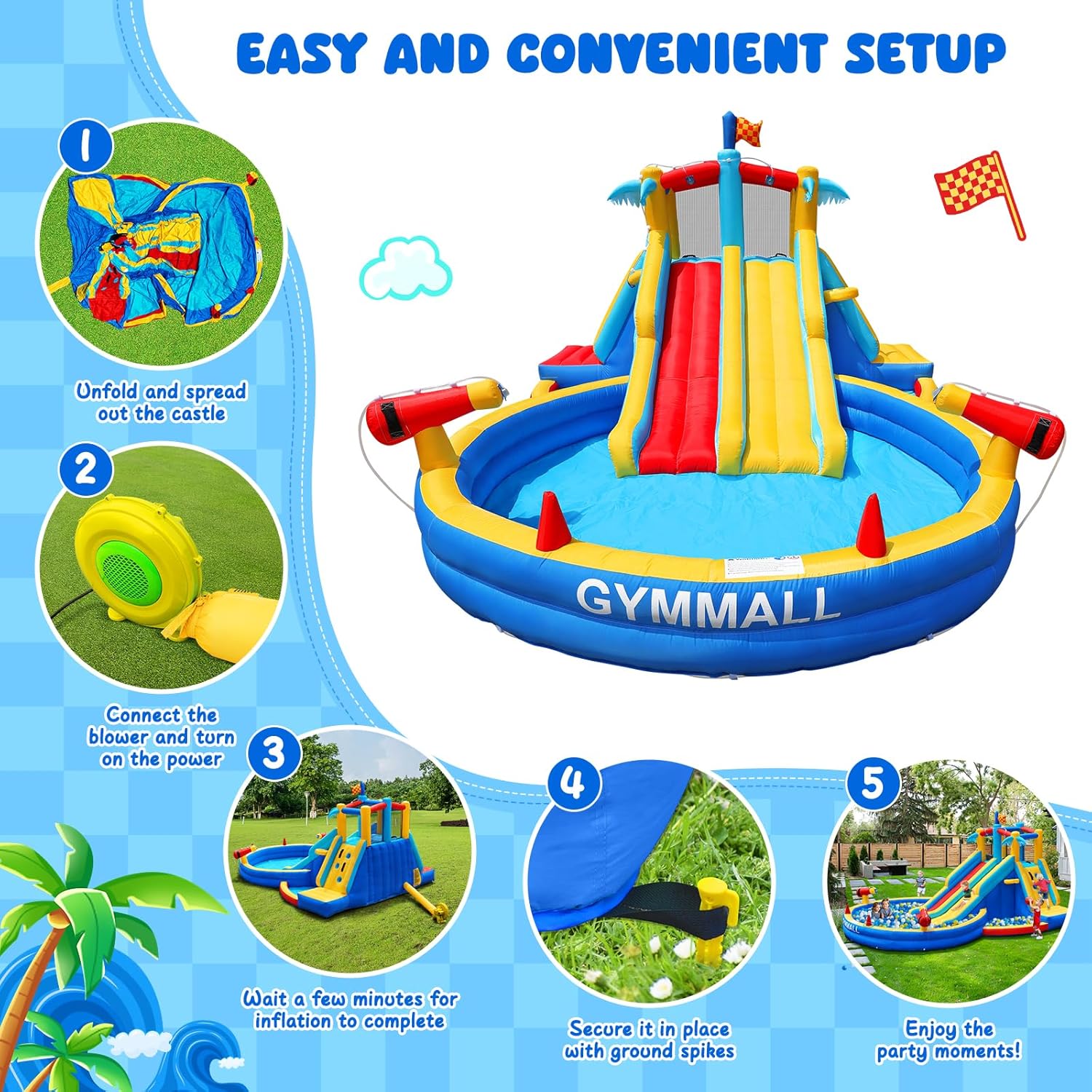 Inflatable Water Slide Bounce House with 550 W Blower, 8-in-1 Blow up Bouncy Castle Waterslide Park for Kids Outdoor and Indoor, Bouncer House with Large Pool, Double Slides and Climbing Walls
