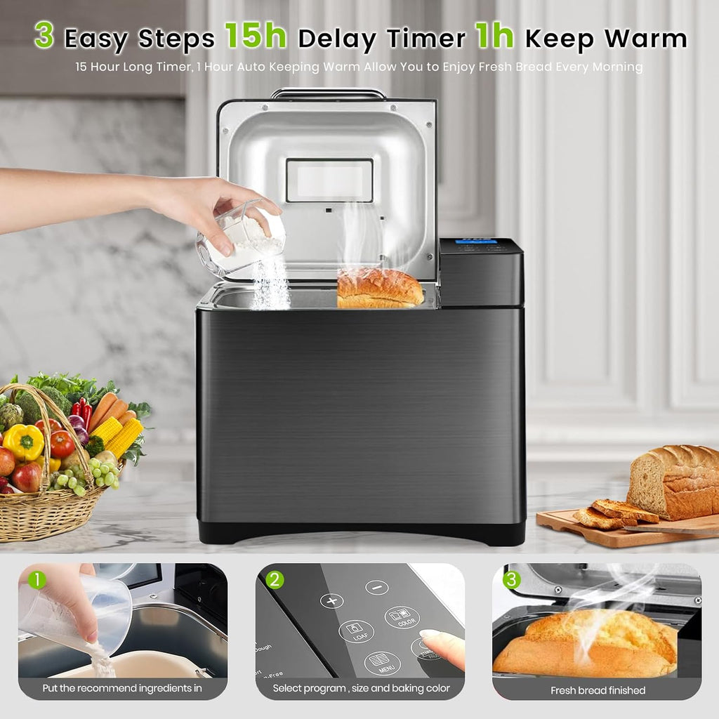 A 17-function integrated bread machine - dual heaters, 710 watts, stainless steel material - gluten-free, dough maker, jam, yogurt, program control, automatic nutrition dispenser, ceramic baking tray and touch panel, 3 types of bread sizes, 3 types o
