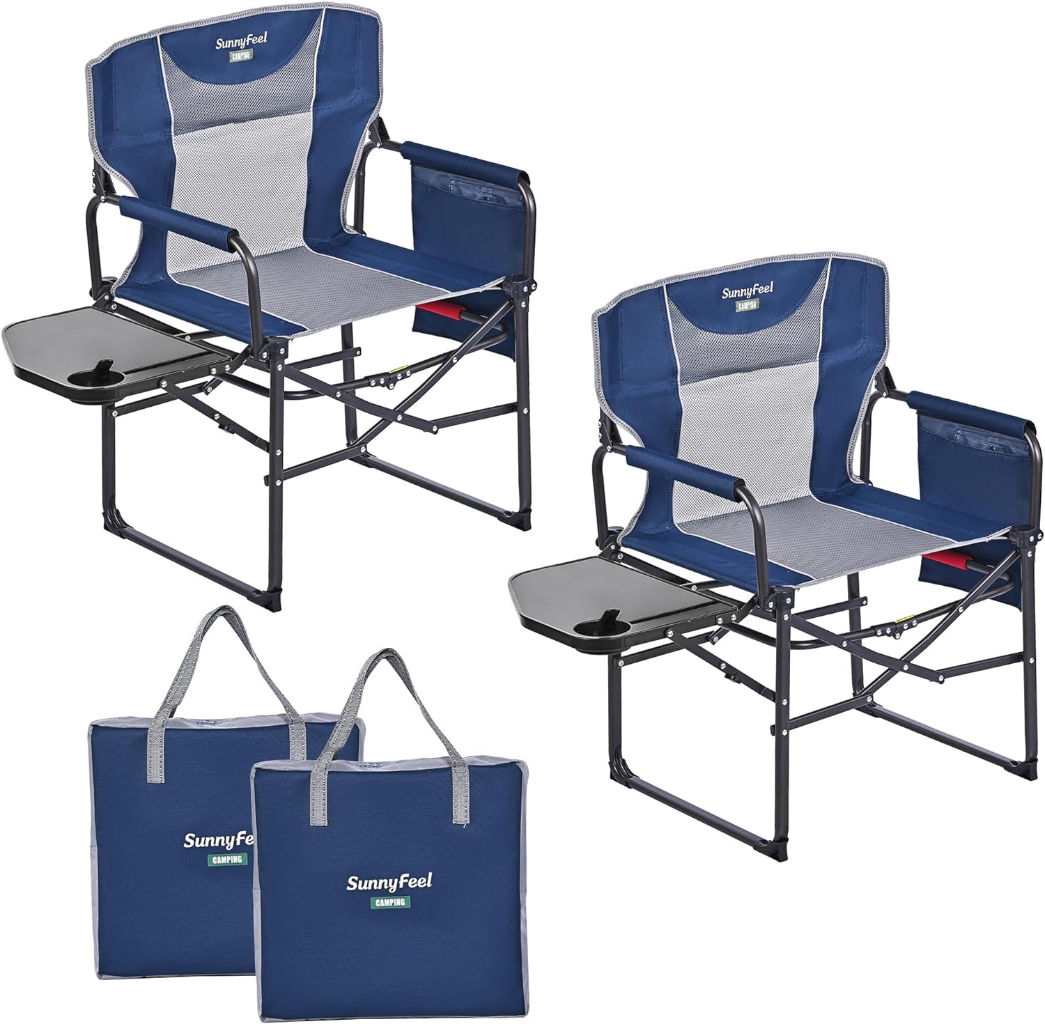 The camping supervisor uses portable folding chairs with side tables and storage bags. These are sturdy and durable, suitable for adults for outdoor use. Each set consists of two (black color)
