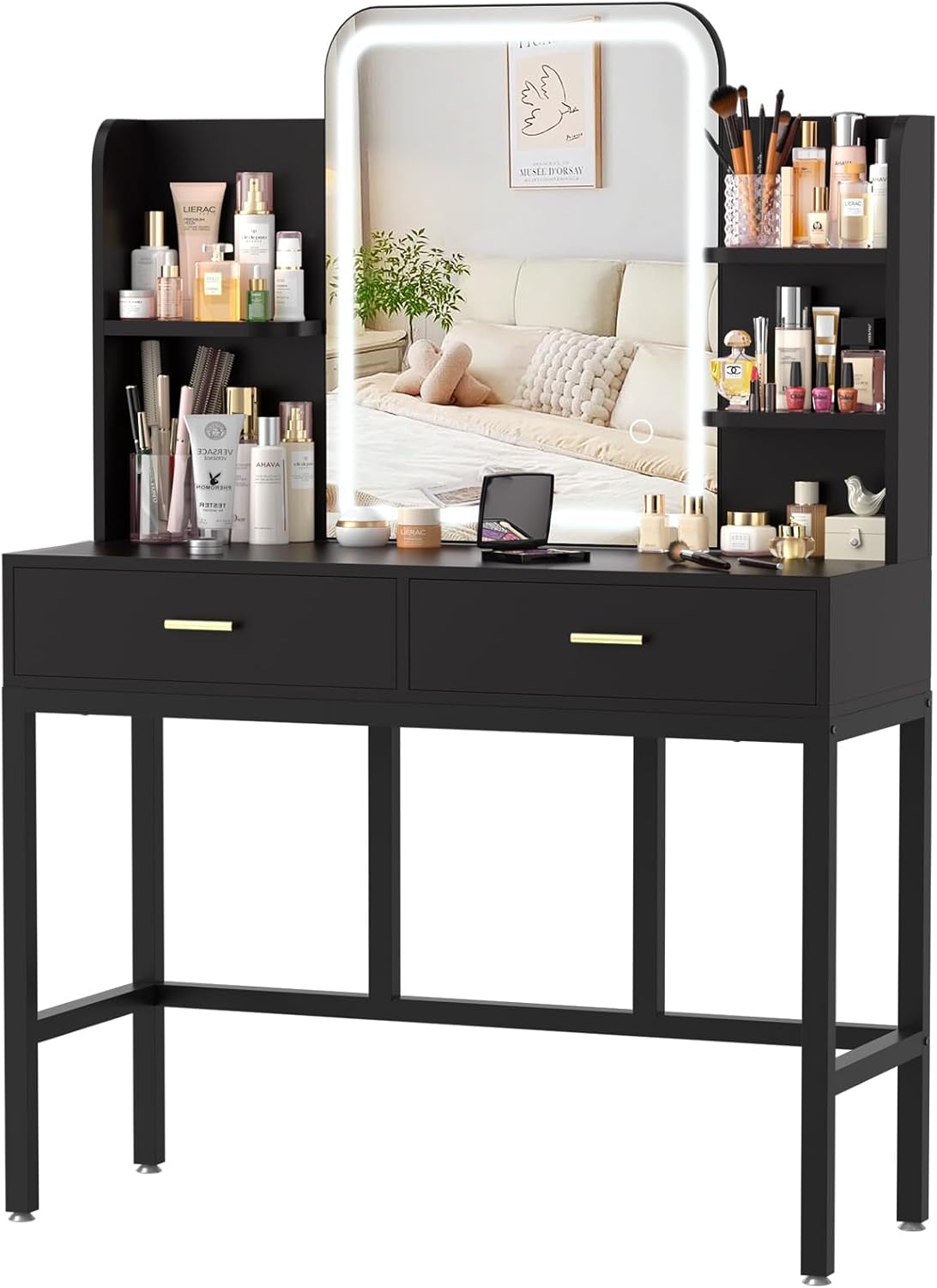 Makeup Vanity Desk with Mirrors, Vanity Set with 2 Storage Drawers and Open Shelves, 3 Colors LED Brightness Adjustable Dressing Table, Makeup Desk for Girls and Women, White
