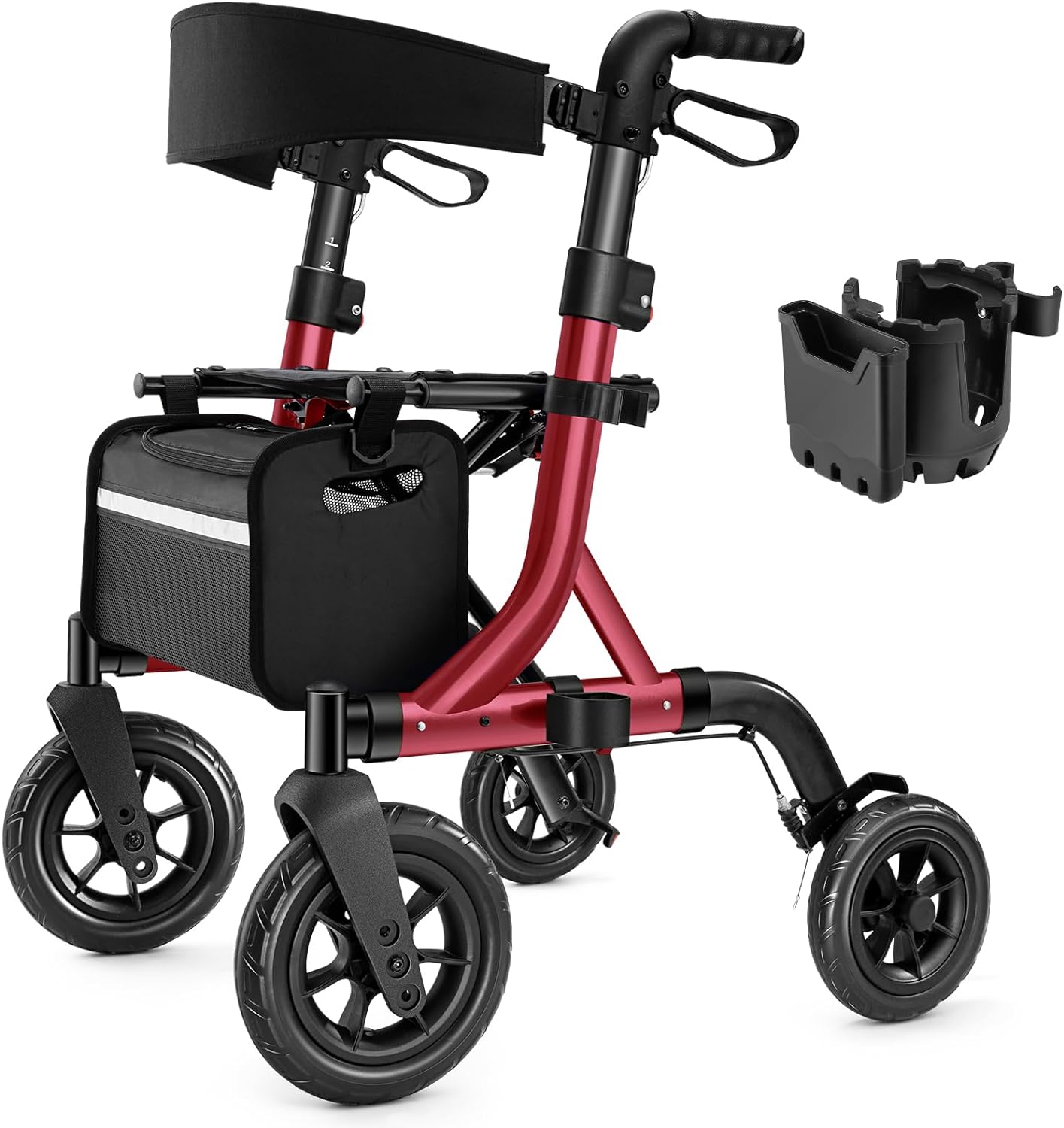 A walking aid suitable for the elderly, a wheelchair-style walking aid with a seat, a full-terrain walking aid with 10-inch rubber wheels, an aluminum walking aid with a backrest, with built-in cables, foldable and height-adjustable, suitable for the