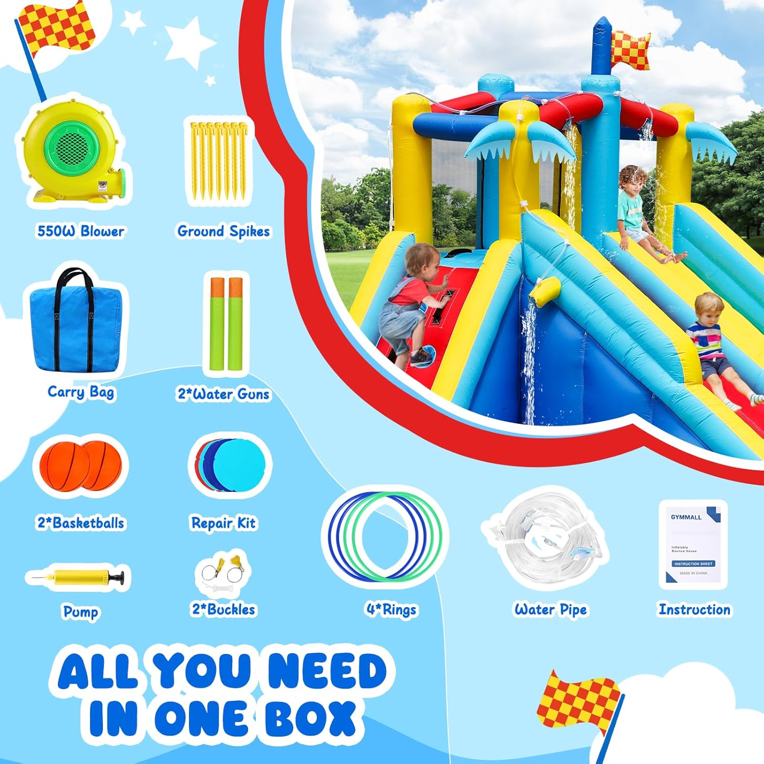 Inflatable Water Slide Bounce House with 550 W Blower, 8-in-1 Blow up Bouncy Castle Waterslide Park for Kids Outdoor and Indoor, Bouncer House with Large Pool, Double Slides and Climbing Walls