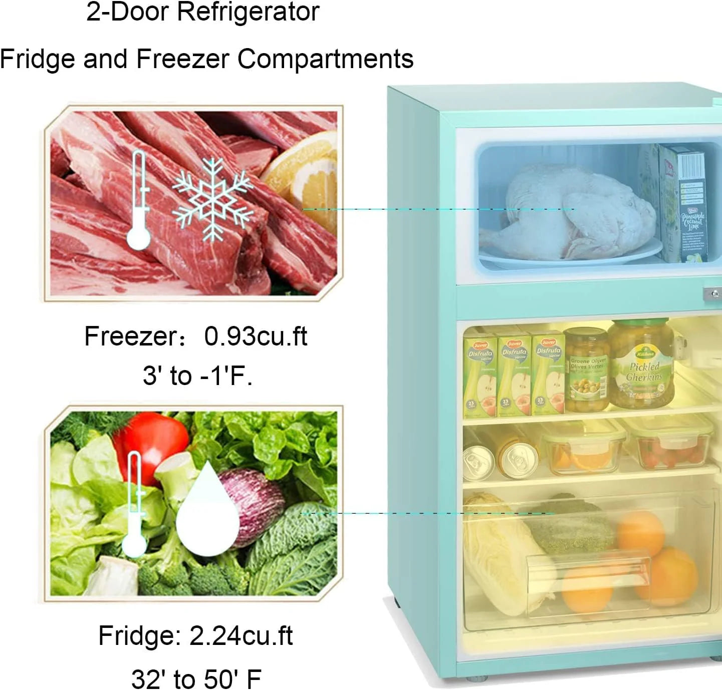Antarctic Star Compact Mini Refrigerator Separate Freezer, Small Fridge Double 2-Door Adjustable Removable Retro Stainless Steel Shelves Living room/Kitchen/Dorm/Office 3.2 cu ft.Green