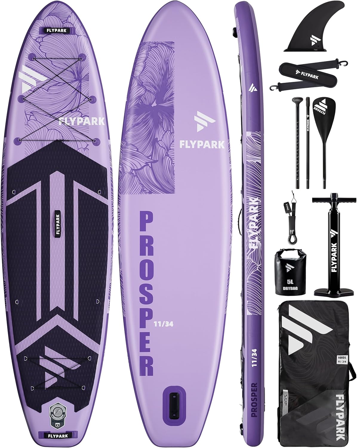 11-inch x 34-inch inflatable paddleboard, ultra-wide SUP equipment, capable of carrying 420 pounds / 3 adults, yoga standing paddleboard, 110-liter backpack, 15 D-rings, shoulder straps, dual-action inflatable pump
