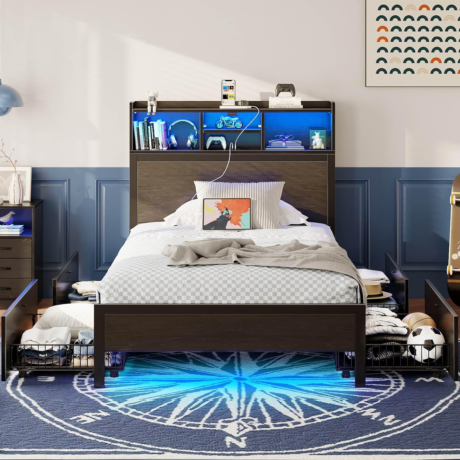 Queen-sized bed frame with storage headboard, metal platform bed with charging device, LED bed frame with 4 drawers, bookcase-style storage cabinet, no spring bed, easy to assemble, noise-free, black