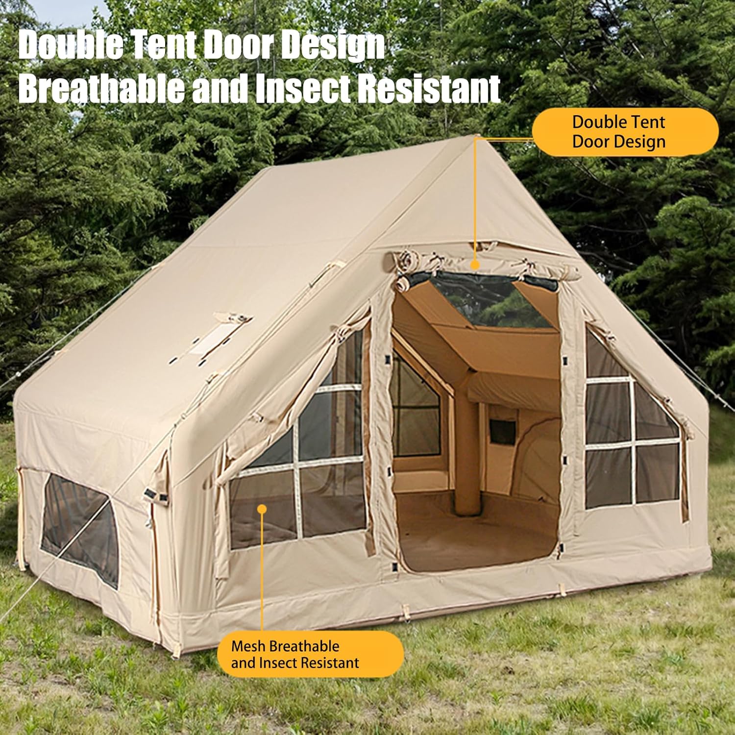Inflatable camping tents (equipped with an inflation pump), air-type luxury camping tents, simple to set up and windproof/droughtproof inflatable tents, Oxford-style cabin tents suitable for all seasons with mesh windows and chimney-style openings.