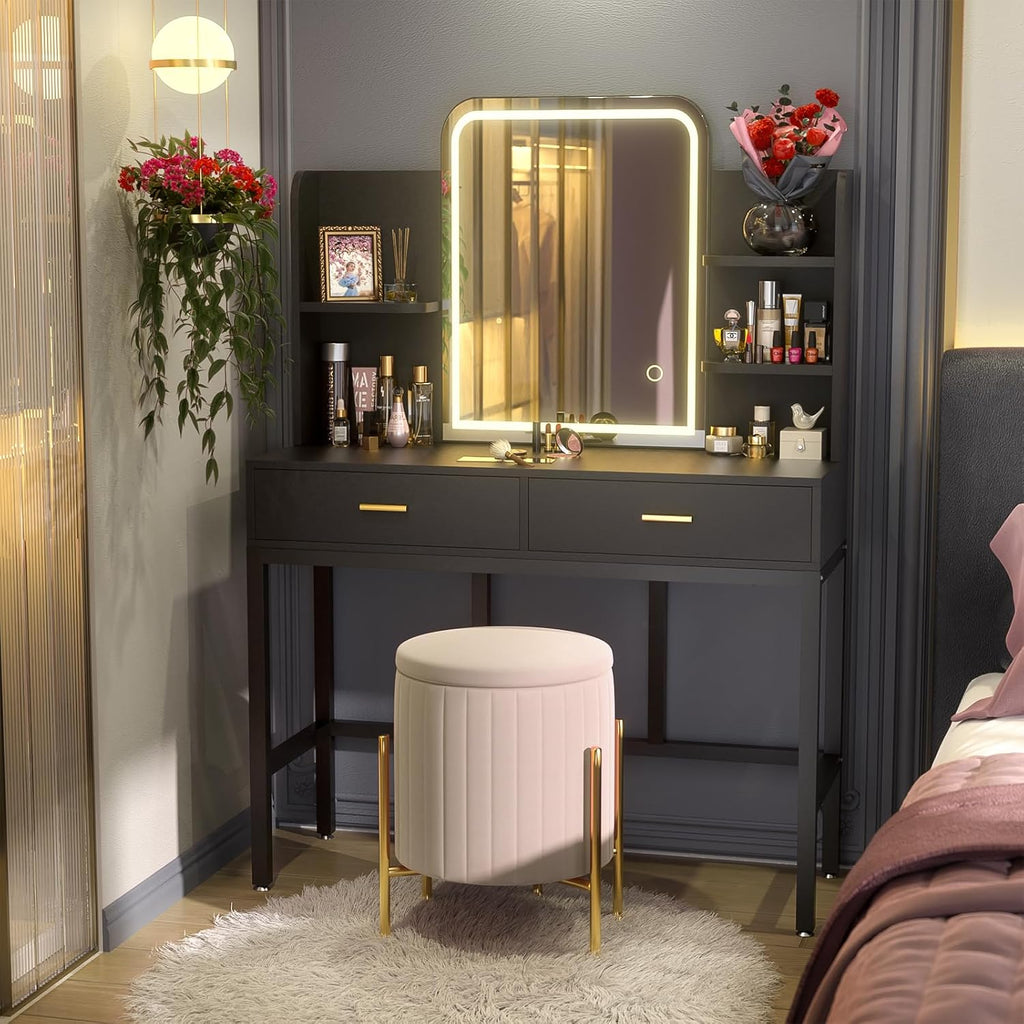 Makeup Vanity Desk with Mirrors, Vanity Set with 2 Storage Drawers and Open Shelves, 3 Colors LED Brightness Adjustable Dressing Table, Makeup Desk for Girls and Women, White