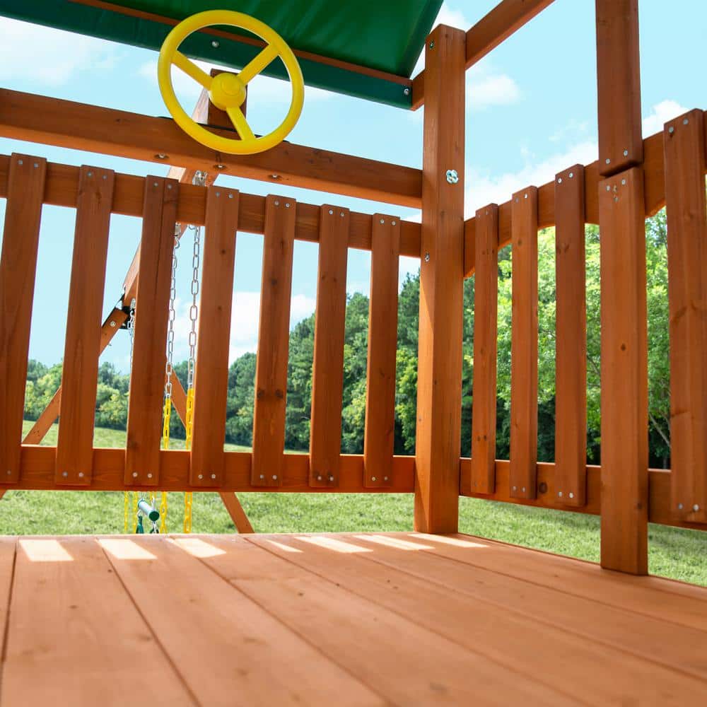 DIY Outing III Wooden Outdoor Playset with Tarp Roof, Rock Wall, Wave Slide, Swings, and Backyard Swing Set Accessories
