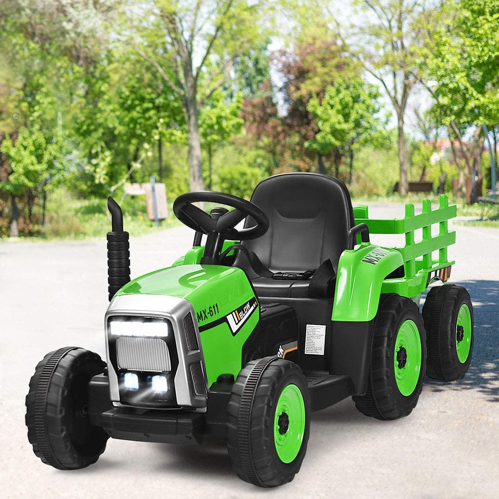 Ride on Tractor w/Detachable Trailer, 12V Kids' Electric Vehicles w/ 3-Gear-Shift Ground Loader, Wireless Design & USB, 7 LED Headlights, Remote Control Tractor Toys for Kids 3+ (Dark Green)