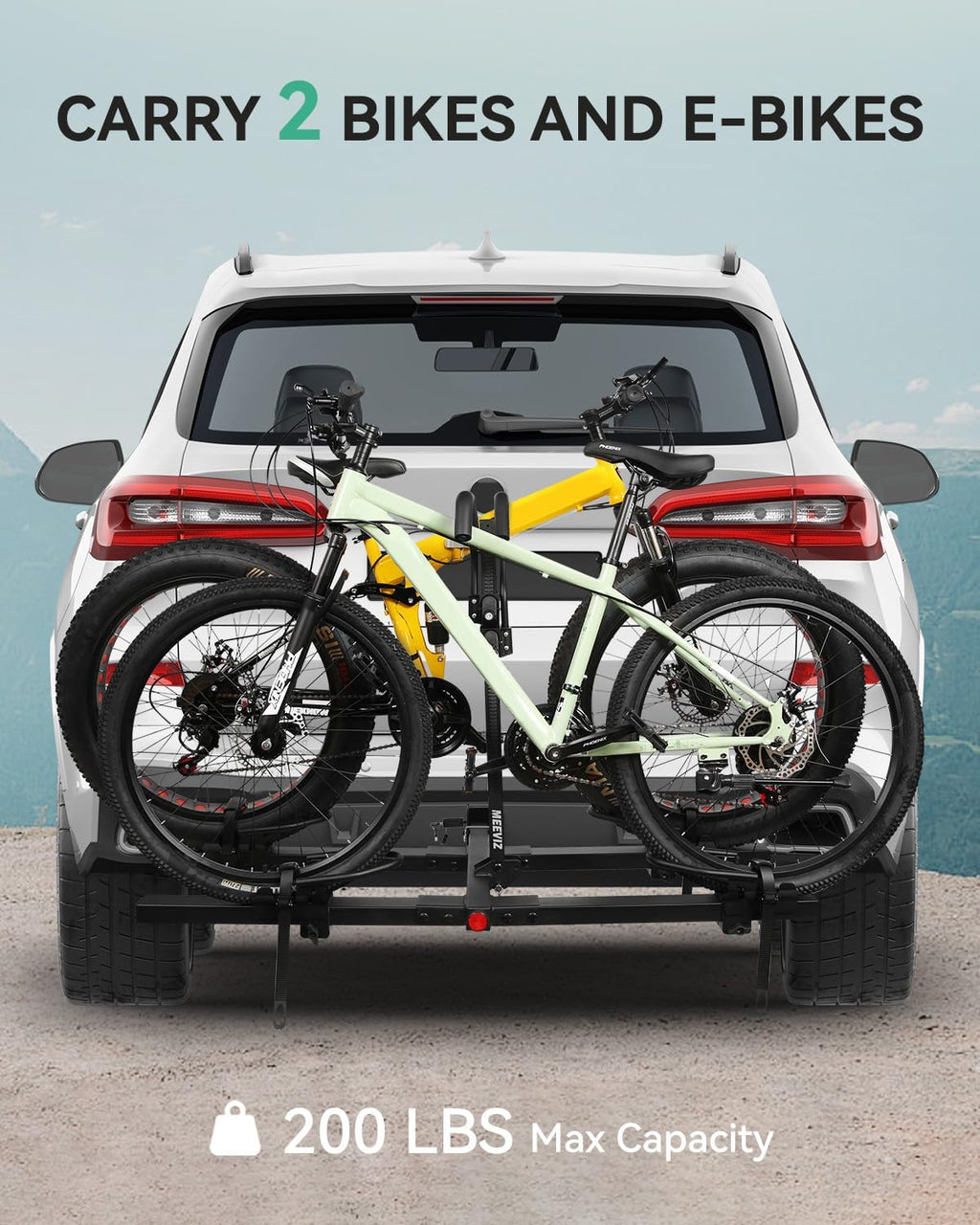 Electric bicycle frame with locking hook, suitable for dual bicycle mounts for cars, trucks, SUVs, campers, and trailers. It is suitable for heavy-duty tires, mountain bikes, electric bicycles, EMTB and standard bicycles. The load-bearing capacity re