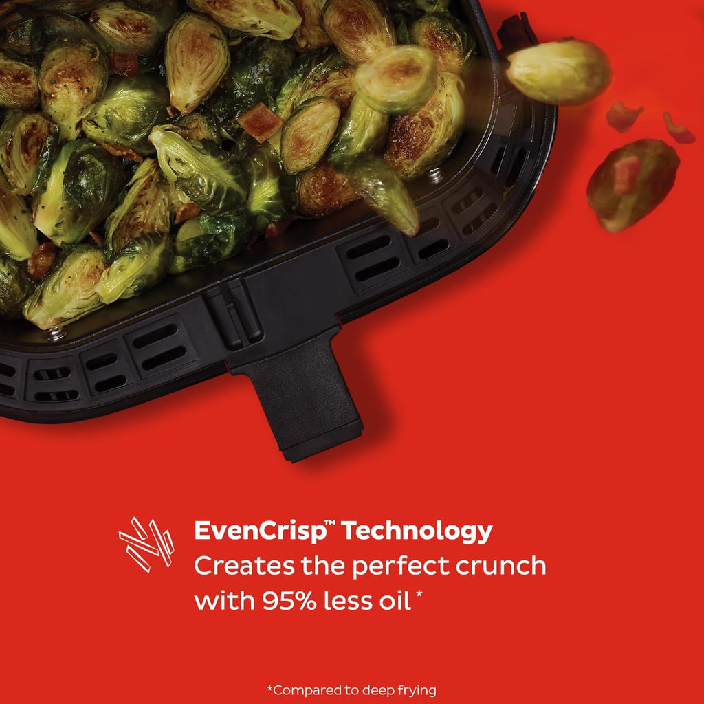 6-liter air fryer, equipped with a clear viewing cooking window, a digital touchscreen, built-in applications (including over 100 recipes), single-bowl design, and a black exterior.
