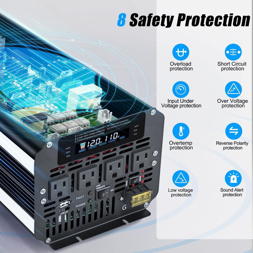 5000 Watt Power Inverter 12V to 110V 120V for Vehicle, Solar Inverter System, Heavy Duty, RV, Truck, Off Grid,Camping with 4 AC Outlets, LCD Display, Wireless Remote Control, Car Power Inverter