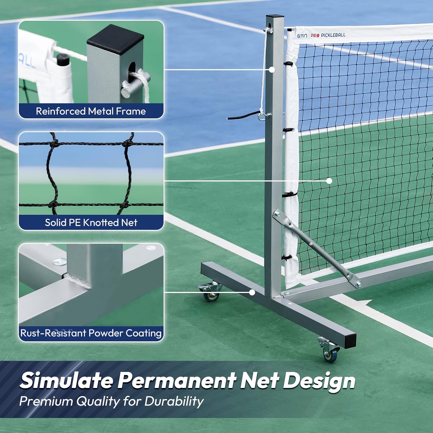 A high-quality wheeled squash net, easy to move, in line with tournament specifications, with a non-collapse design and a winch system, is perfect for outdoor courts and indoor gym floors.