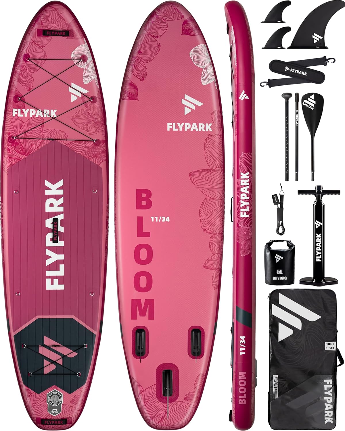 11-inch x 34-inch inflatable paddleboard, ultra-wide SUP equipment, capable of carrying 420 pounds / 3 adults, yoga standing paddleboard, 110-liter backpack, 15 D-rings, shoulder straps, dual-action inflatable pump