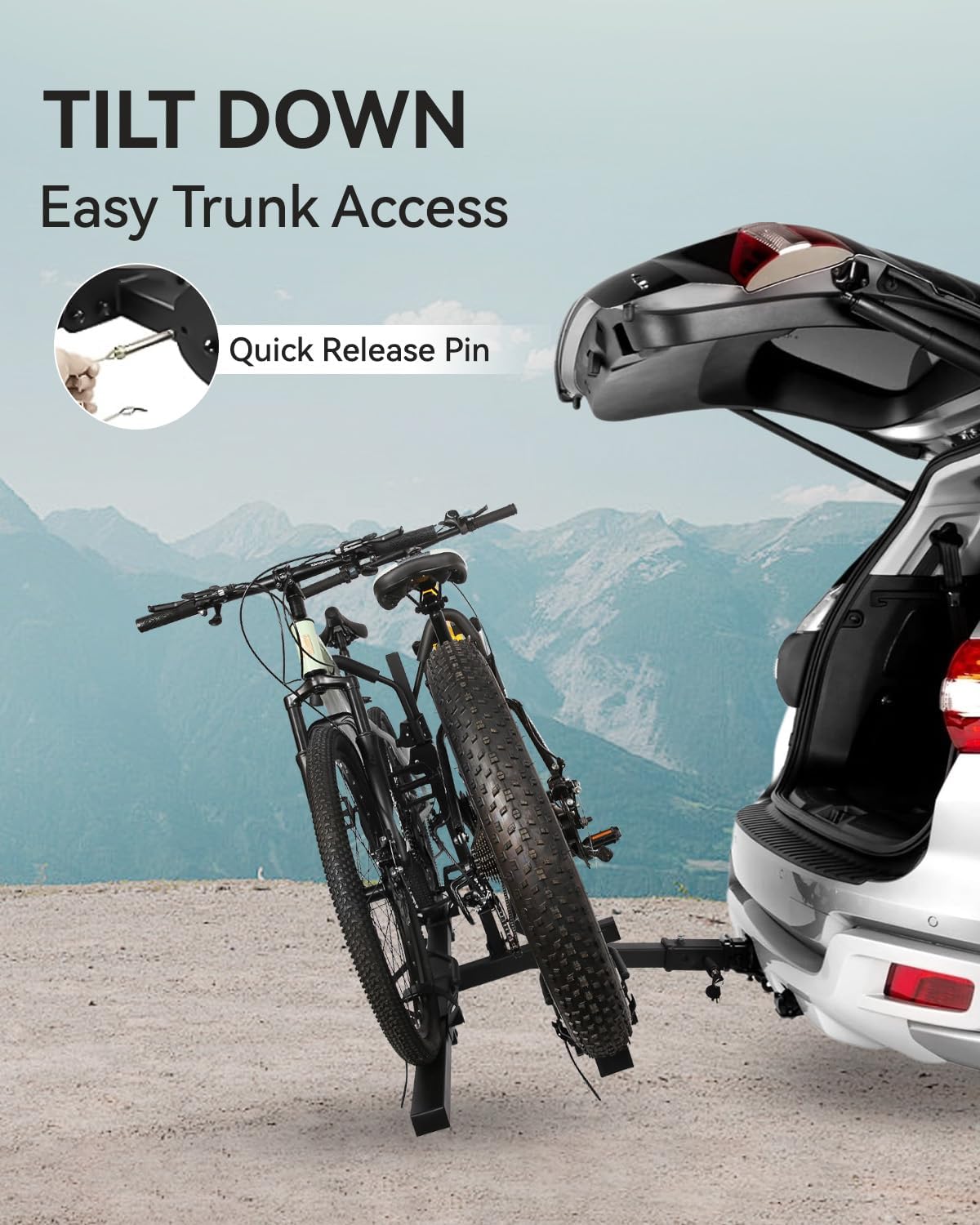 Electric bicycle frame with locking hook, suitable for dual bicycle mounts for cars, trucks, SUVs, campers, and trailers. It is suitable for heavy-duty tires, mountain bikes, electric bicycles, EMTB and standard bicycles. The load-bearing capacity re