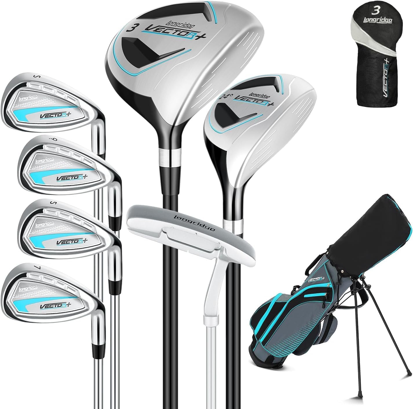 8 sets of complete men's golf clubs (left and right hand versions) suitable for men/women. Includes a stand bag and a bag with a rain cover.