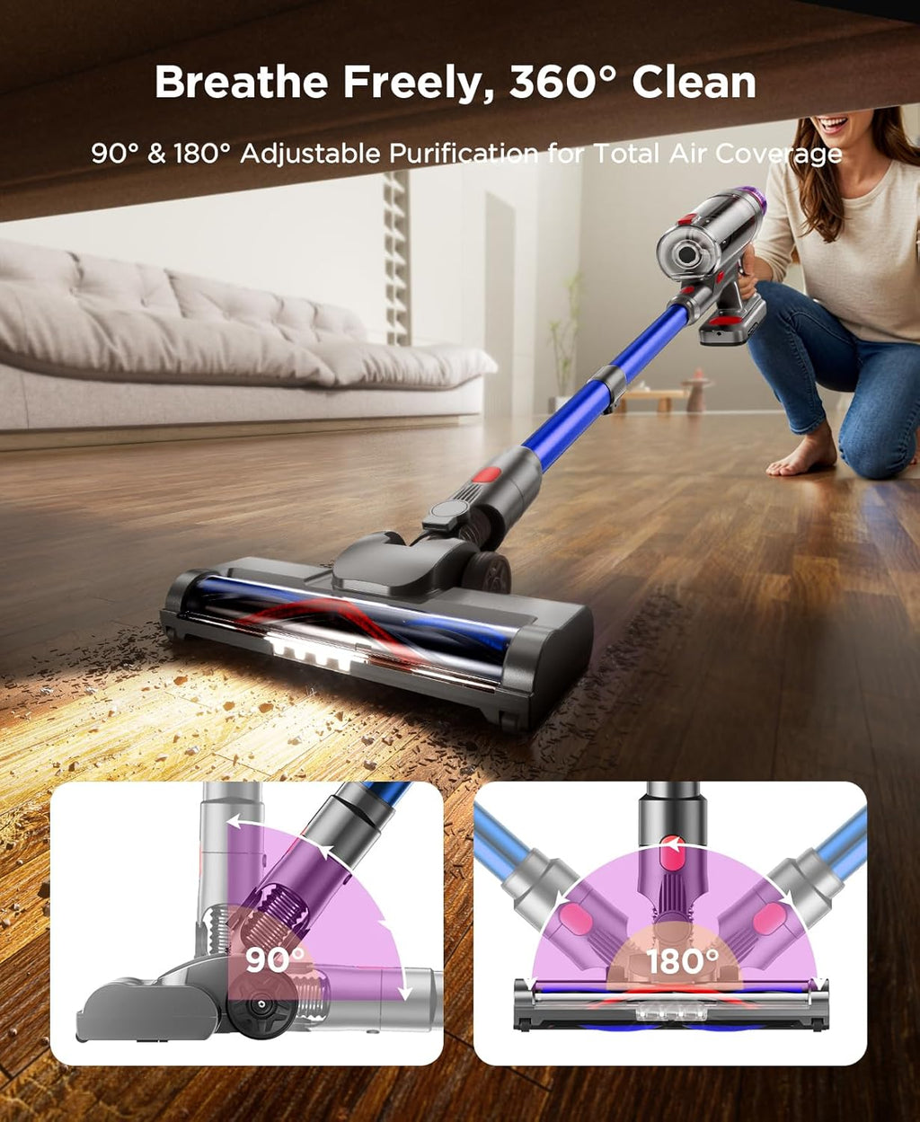 Cordless Stick Vacuum Cleaner: 550W Powerful Suction, LED Display, 55 Min Runtime, Anti-Tangle Brush, Rechargeable Battery, Lightweight for Home, Pet Hair, Hard Floors, Carpet