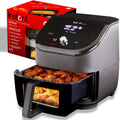6-liter air fryer, equipped with a clear viewing cooking window, a digital touchscreen, built-in applications (including over 100 recipes), single-bowl design, and a black exterior.