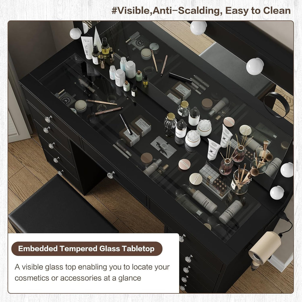 A luxurious dressing table with a power socket, 37-inch wide, equipped with a mirror and 11 LED lights, featuring 5 adjustable lighting modes, suitable for use in bedrooms and dressing rooms, in white style