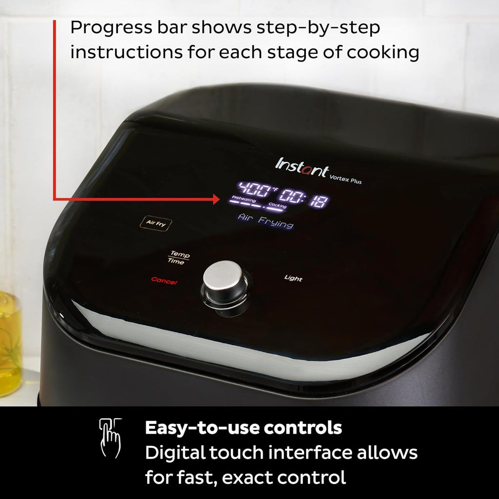 6-liter air fryer, equipped with a clear viewing cooking window, a digital touchscreen, built-in applications (including over 100 recipes), single-bowl design, and a black exterior.