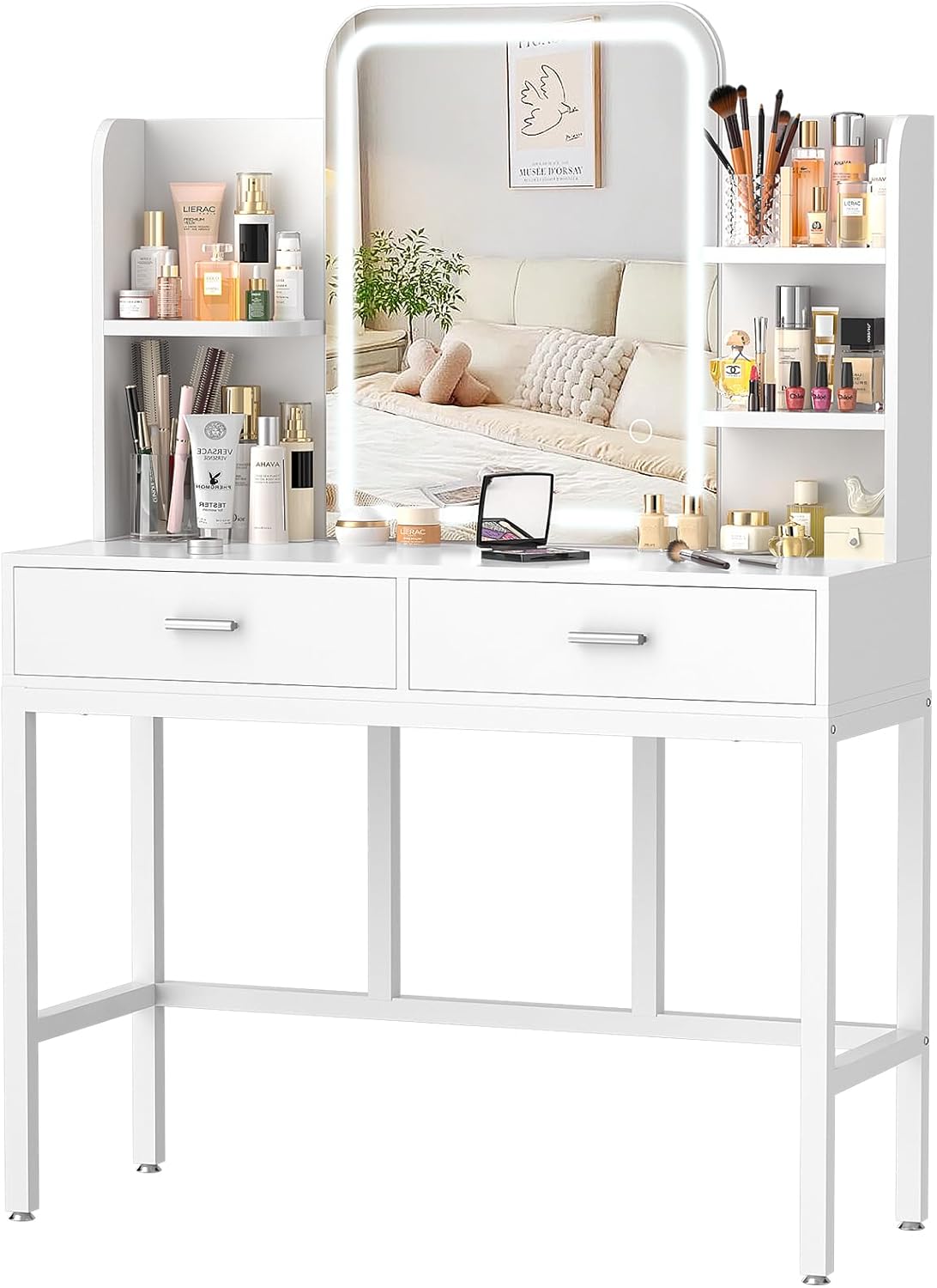 Makeup Vanity Desk with Mirrors, Vanity Set with 2 Storage Drawers and Open Shelves, 3 Colors LED Brightness Adjustable Dressing Table, Makeup Desk for Girls and Women, White