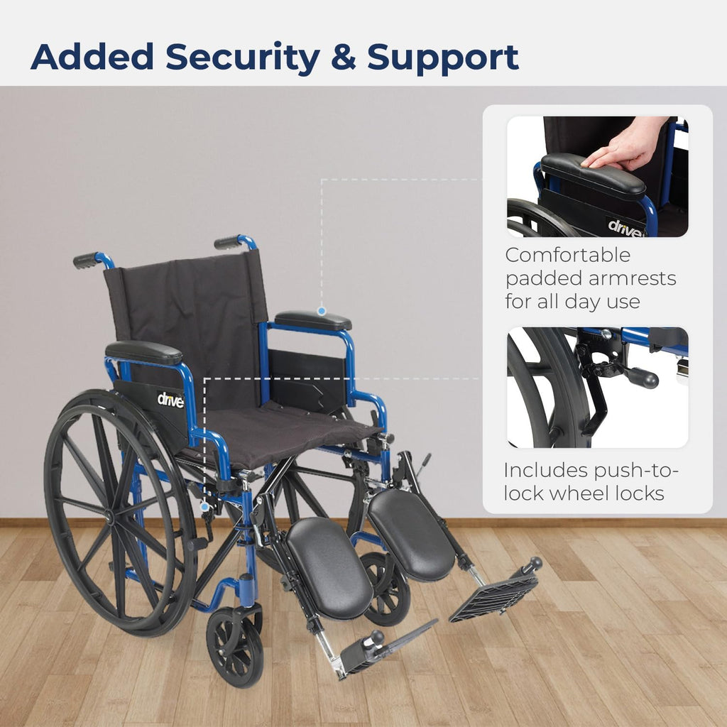 Single-wheel blue racing-style wheelchair, reversible armrests on the table edge, rotatable footrests, size 18 inches, quantity 1 unit.