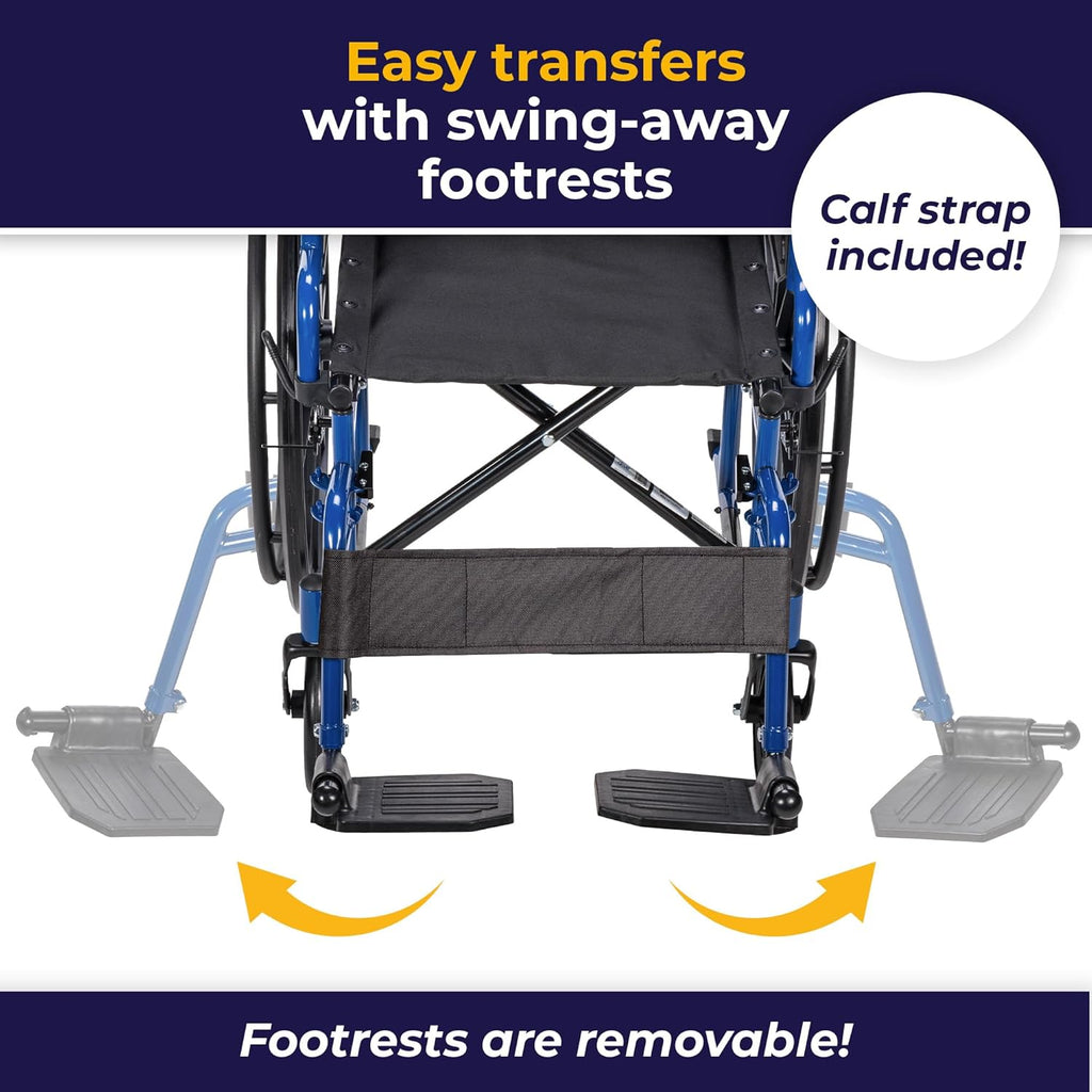 Single-wheel blue racing-style wheelchair, reversible armrests on the table edge, rotatable footrests, size 18 inches, quantity 1 unit.