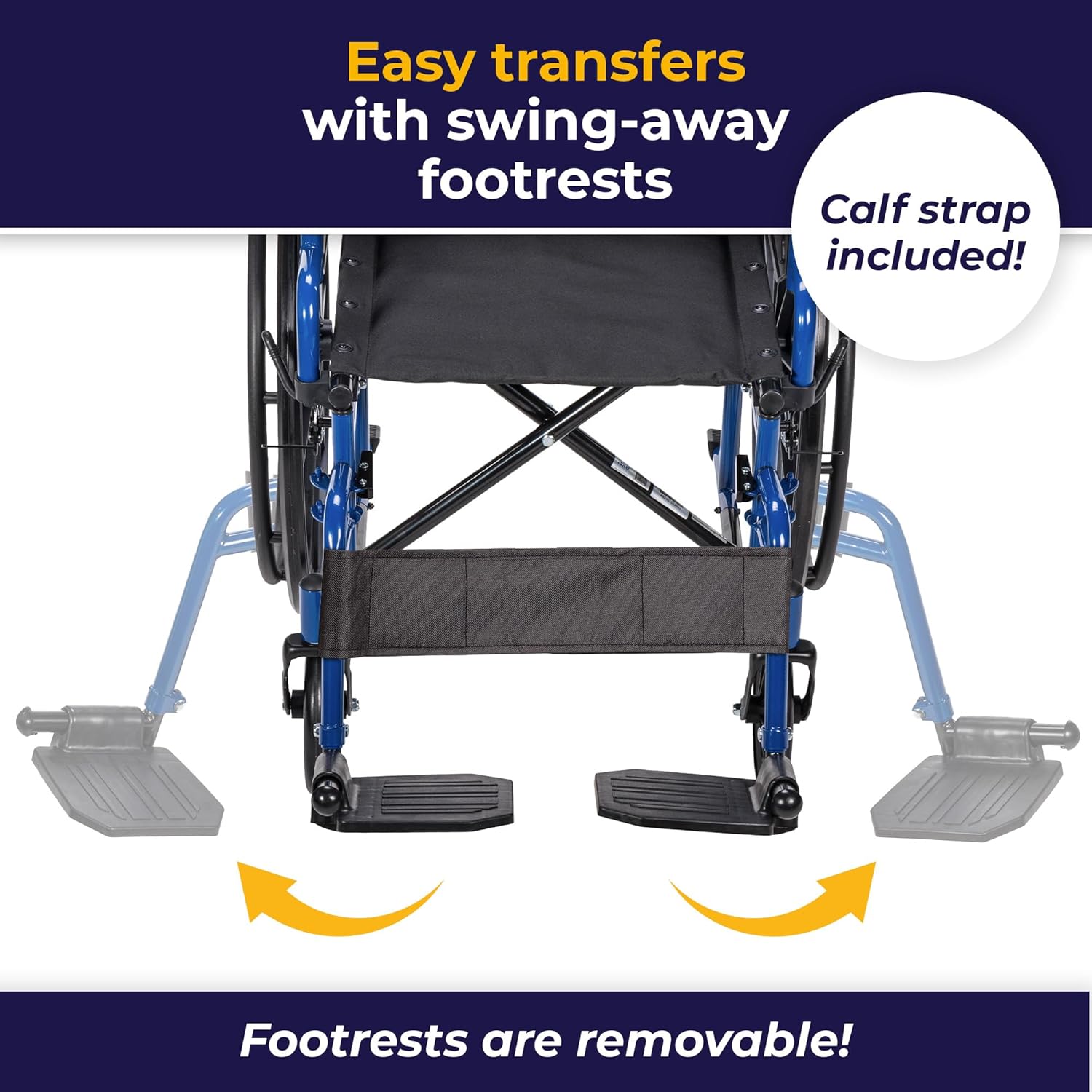 Single-wheel blue racing-style wheelchair, reversible armrests on the table edge, rotatable footrests, size 18 inches, quantity 1 unit.