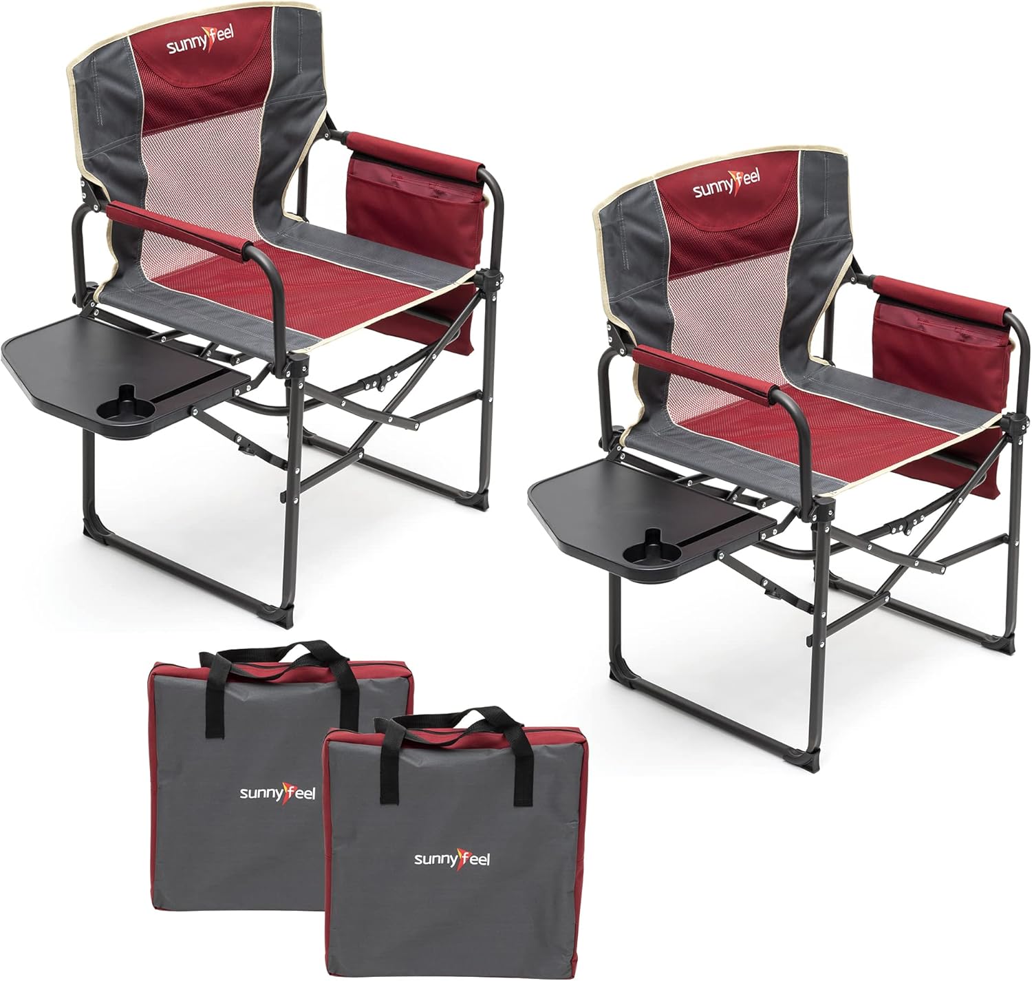 The camping supervisor uses portable folding chairs with side tables and storage bags. These are sturdy and durable, suitable for adults for outdoor use. Each set consists of two (black color)