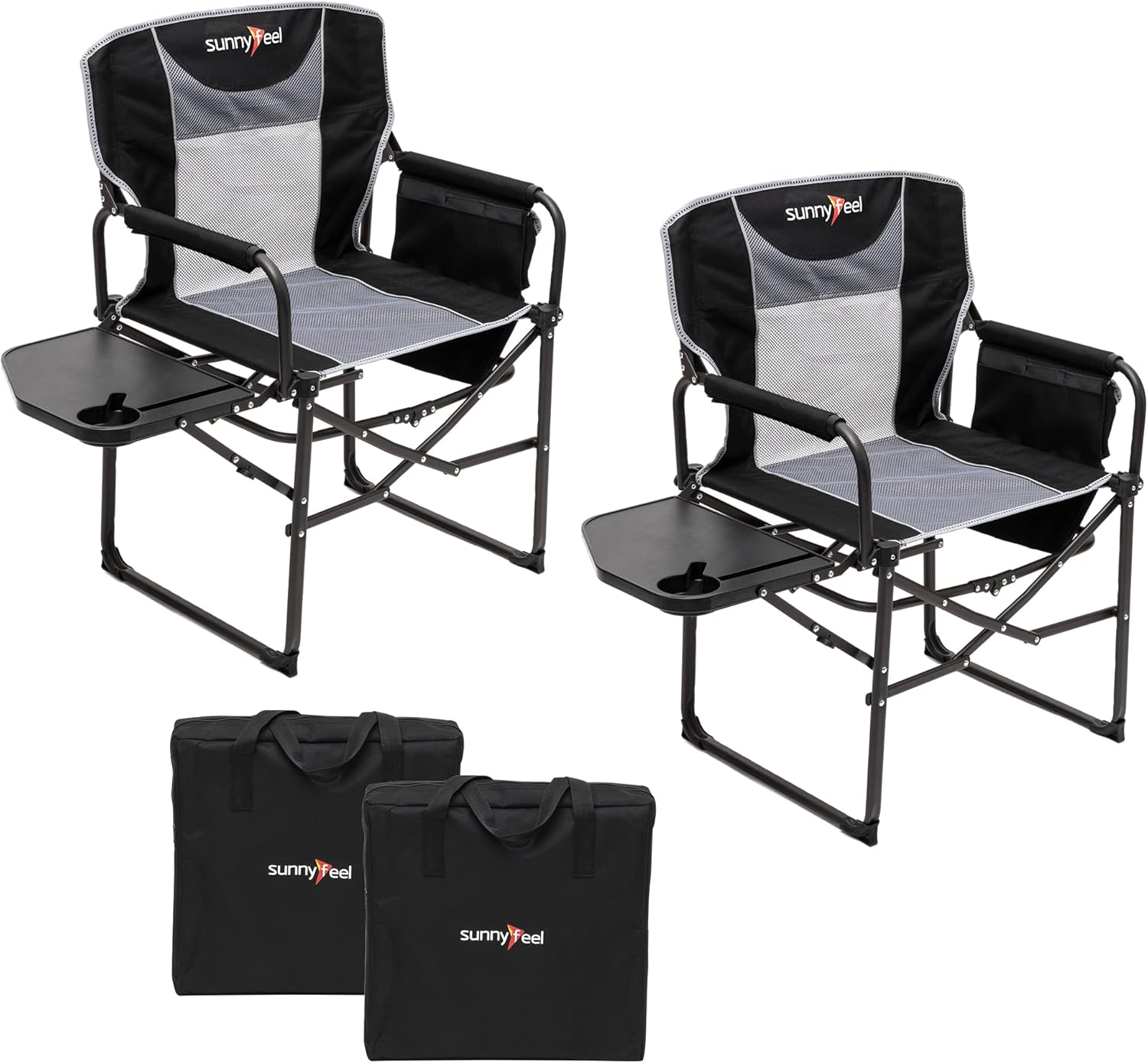 The camping supervisor uses portable folding chairs with side tables and storage bags. These are sturdy and durable, suitable for adults for outdoor use. Each set consists of two (black color)