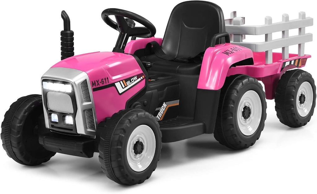 Ride on Tractor w/Detachable Trailer, 12V Kids' Electric Vehicles w/ 3-Gear-Shift Ground Loader, Wireless Design & USB, 7 LED Headlights, Remote Control Tractor Toys for Kids 3+ (Dark Green)