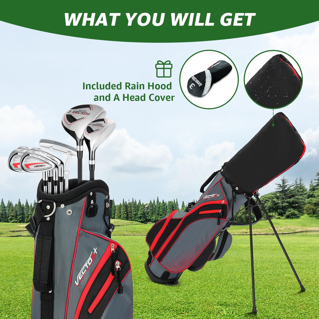 8 sets of complete men's golf clubs (left and right hand versions) suitable for men/women. Includes a stand bag and a bag with a rain cover.